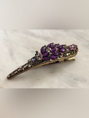 Purple Peacock Hair Accessory Victorian Rhinestone Barrette Duckbill Clip VTG